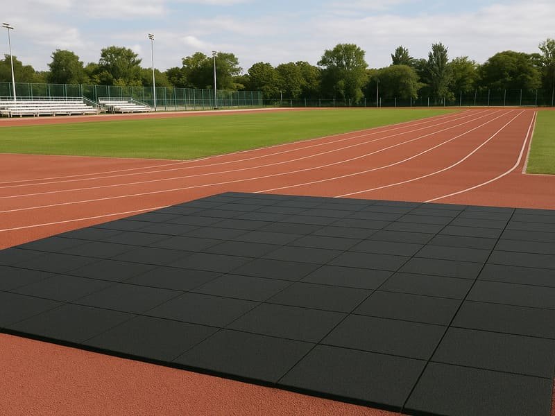 Een vergelijking van verschillende diktes rubberen sportschoolvloeren naast elkaar.